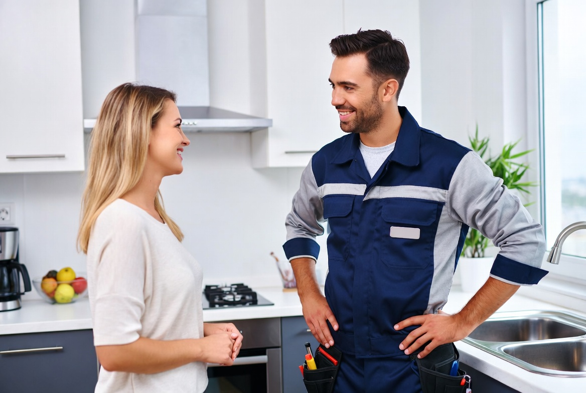 artisan plombier conseillant une cliente pour une réparation à genève