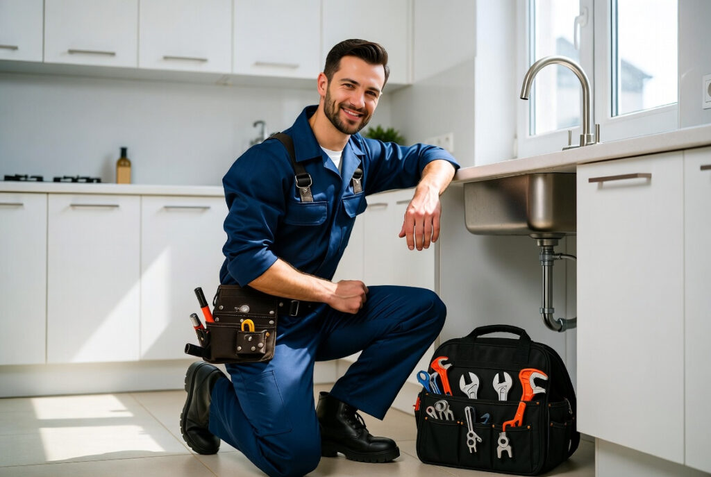 Homme plombière professionnel avec caisse à outils pour installation évier