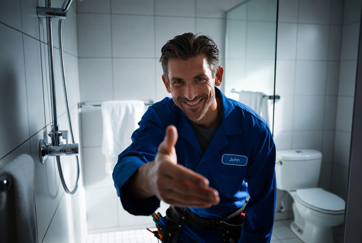 plombier souriant en intervention de dépannage sanitaire à genève