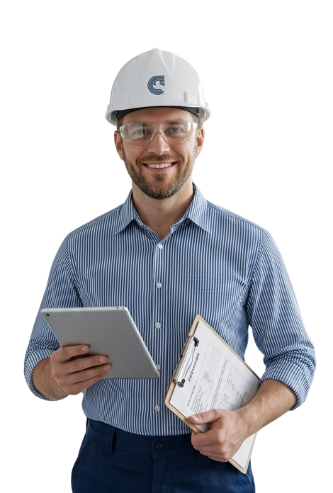 artisan plombier professionnel certifié à genève avec casque de sécurité et tablette