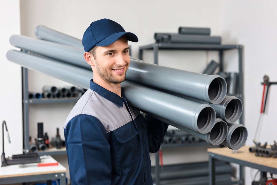 plombier expert transportant des tuyaux de canalisation pour travaux sanitaire